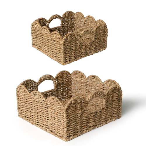 KOKODO Set of 2 Scalloped Storage Baskets, Handwoven Scallop Wicker