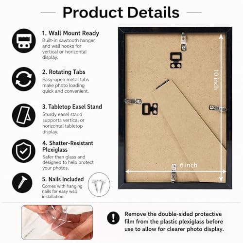 Image of JCJMY 6x10 Picture Frame Black for Wall Hanging or Tabletop, Wall Mounting Horizontally or Vertically, 6 x 10 Wall Gallery Poster Photo Frame with Shatter Resistant Plexiglass, Black