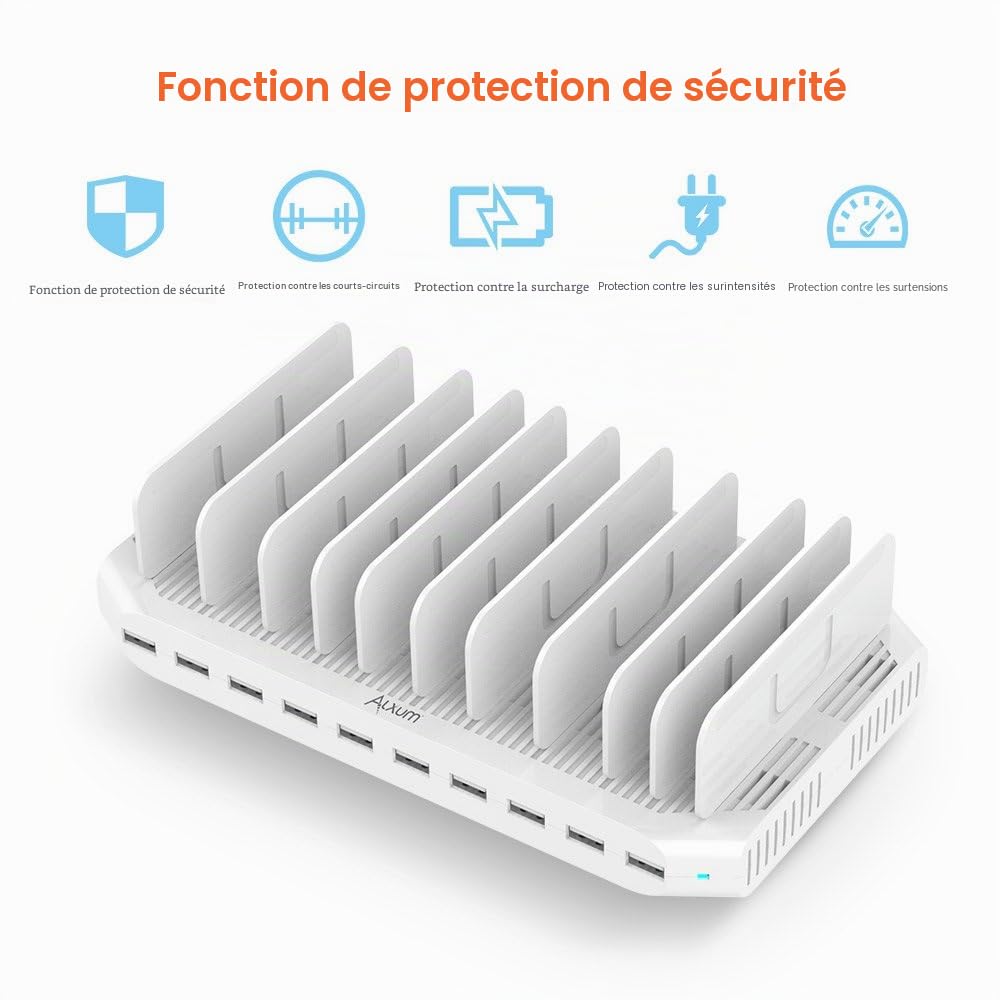 Alxum 96W 10 Ports Chargeur USB Multi-périphérique avec Supports réglables | Charge intelligente. 11 supports réglables. Téléphones & tablettes. Protection intégrée. Idéal maison & bureau.