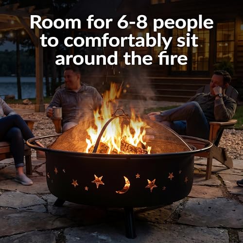 Image of Sunnydaze Cosmic 42-Inch Large Outdoor Fire Pit - Wood-Burning Firepit for Outside Patio, Backyard, Deck - Steel - Wood Grate, Spark Screen, and Fireplace Poker Included - Black - 34 inch Bowl Diameter