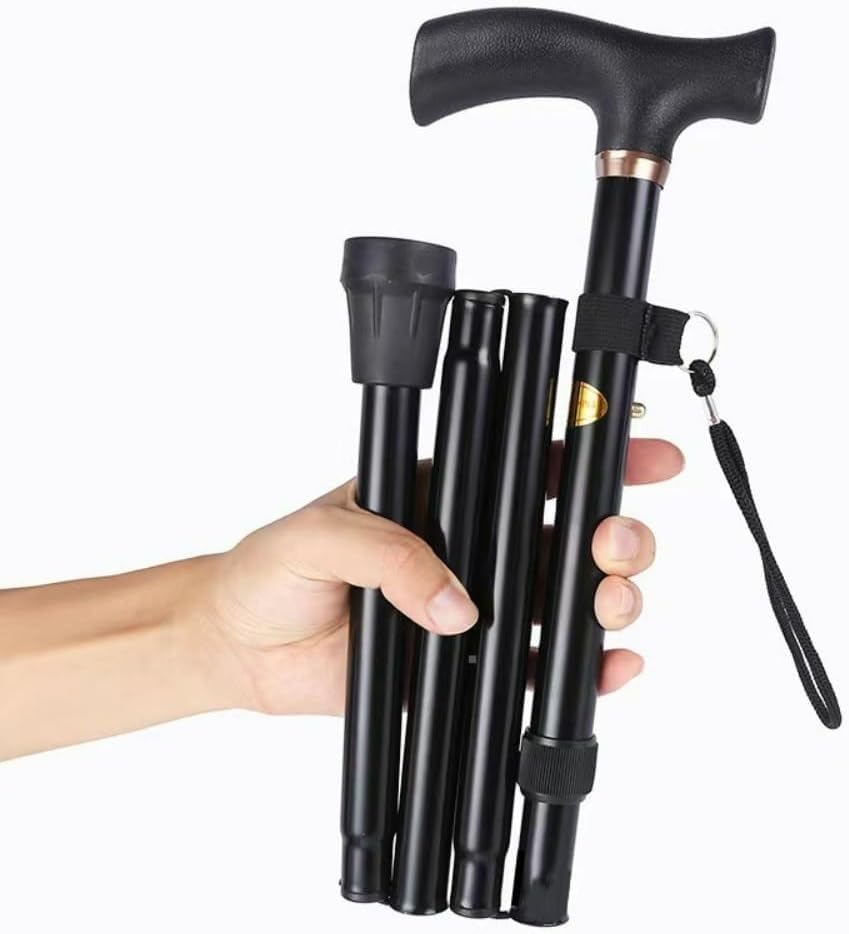 Height Adjustable Folding Walking Stick Aluminum Alloy Non-Slip Rubber Base Black