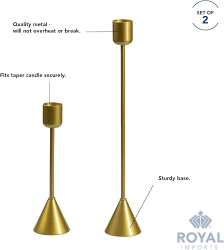 Miniatura 4 de Royal Imports Portavelas cónico dorado, modernos portavelas cónicos de metal, decoración de centro de mesa para el hogar o boda, juego de 2 piezas,