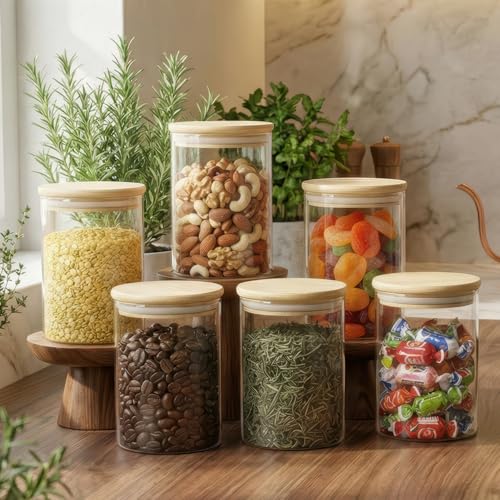 Image of amazon basics Glass Jars with Bamboo Lids, Set of 6, 600ml Borosilicate Kitchen Storage Containers for Tea, Coffee, Sugar, Spices, Dry Fruits & Pantry Organization