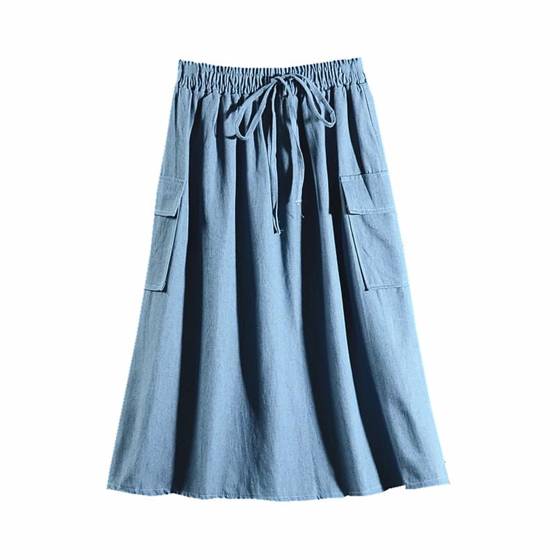 Falda Vaquera Informal De Corte A para Mujer, Falda Vaquera Cargo Midi De Cintura Alta Elástica con Bolsillos Y Cordón, Hasta La Rodilla, Color Liso, para Salidas, Oficina, Vacaciones, Azul Claro,