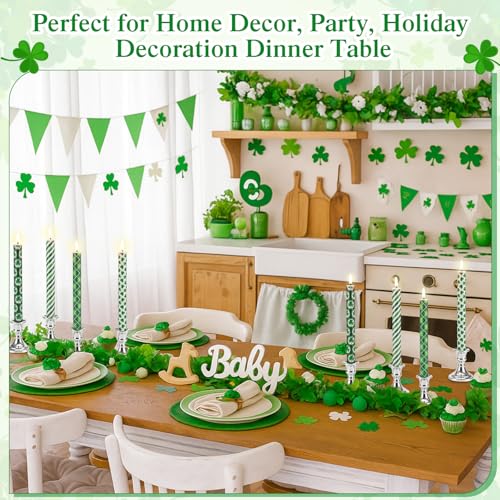 Huquary 8 Pcs Irish Theme Flameless Taper Candles 10 Inch Flameless LED Candles with Shamrock and Green Patterns, Battery Operated Electronic for Home Decor, Party, Holiday Decoration Dinner Table