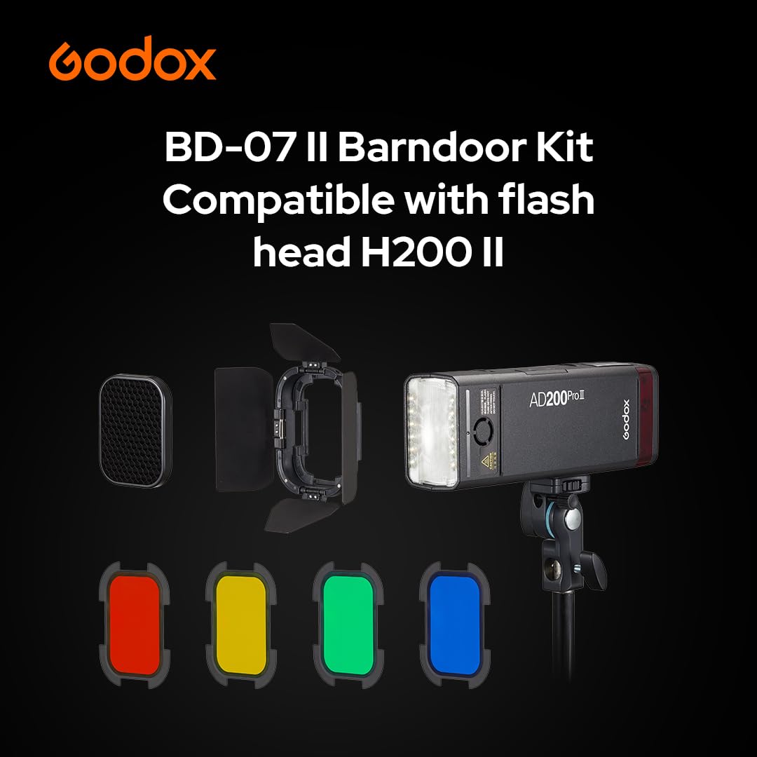 GODOX BD-07 II Barndoor Kit für GODOX AD200 Pro II Outdoor Blitz, Mit abnehmbarem Honeycomb-Gitter und 4 Farbfiltern