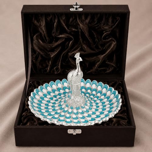 Image of Diviniti German Silver Peacock Decorative Tray for Home Decor | Luxury Dry Fruit & Sweet Serving Platter with Blue Enamel Feather Design | Premium Decorative Gift Hamper Plate with Elegant Gift Box