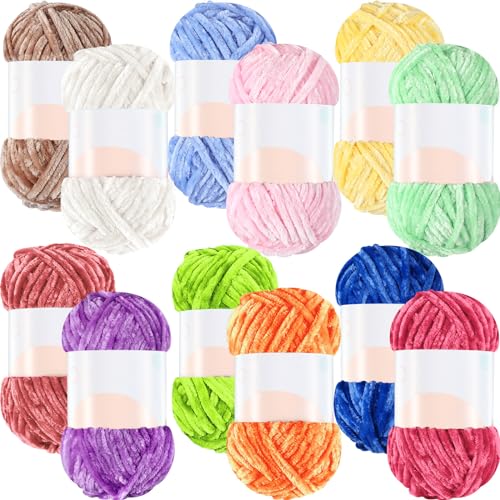Image of Xinnun 12 Skeins 1116 Yards Chenille Velvet Soft Thick Plush Yarn Bulk for Crocheting Knitting Blanket DIY Weaving Craft, 6mm, 3.5 Oz /Skein(Fresh Color)