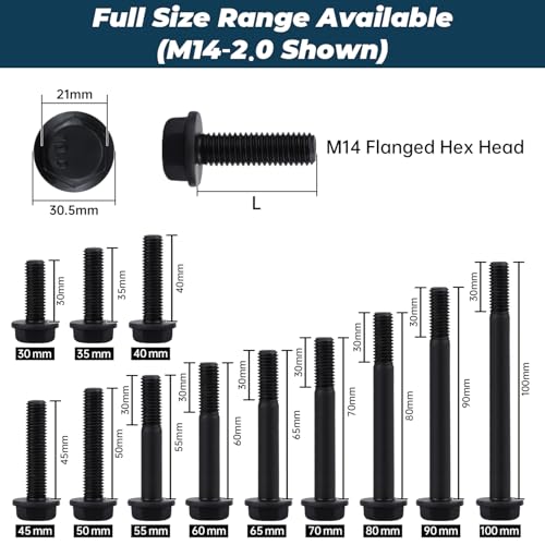 Image of M14-2.0 x 45mm Flange Bolt, Hex Head Flanged Bolt 10.9 Grade High Strength- Black Oxide Finish, Full Thread, Metric- Heavy Duty for Automotive, Machinery & Construction (6 Pcs) 6 pcs