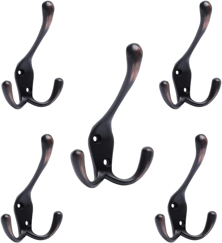 HARPOON Brass Light Duty Tri-Hook, 5-Pack, Hooks for Coat, Scarf, Bag, Towel, Key, Cap, Cup, Hat, 5 Piece (Oil-Rubbed Bronze)