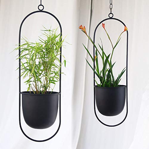 Sinolodo Boho Wall Hanging Planter,Metal Hanging Flower Pots,Window Hanging Plant Holder For Indoor Outdoor Plants Home Office Decor(2Pcs-Black Oval) #TOP2
