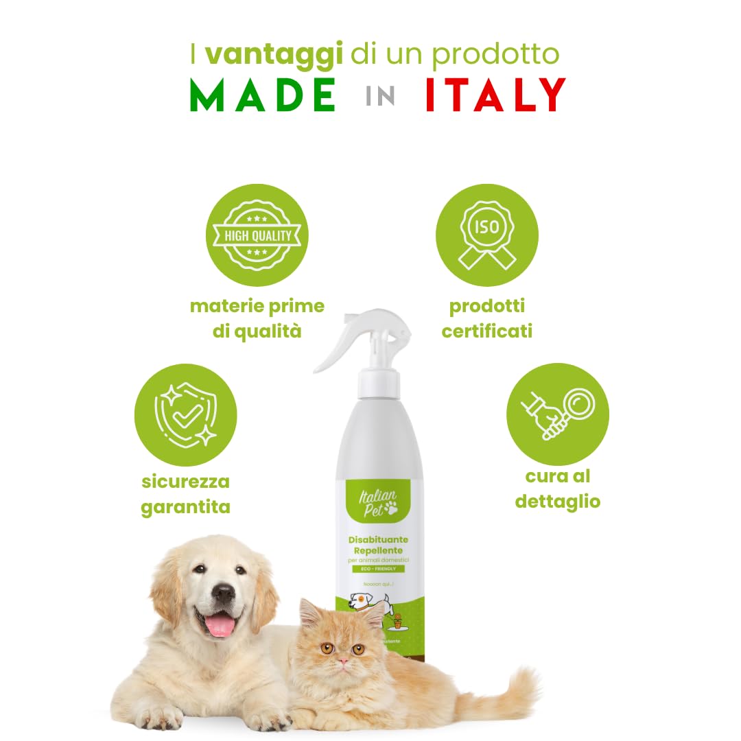 Italian Pet Eco Disabituante per Gatti, Cani, Animali Domestici - Repellente Pipì da Esterno e Interno - Dissuasore Naturale Urine Pronto Uso - Innocuo per Salute - Flacone plastica 100% riciclata