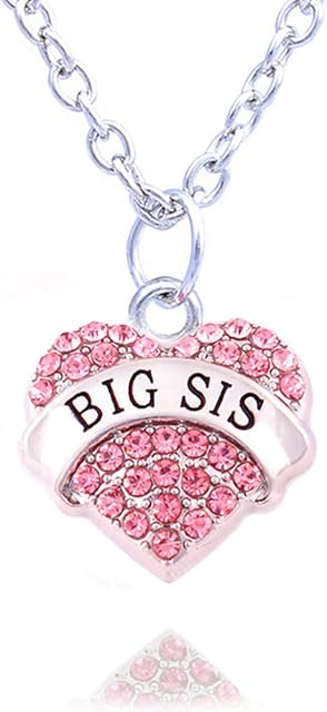 Sister Gifts Necklace for Women Girl Pink Blue Clear Crystal Love Heart Big Sister Charms Pendant (Pink Crystal)