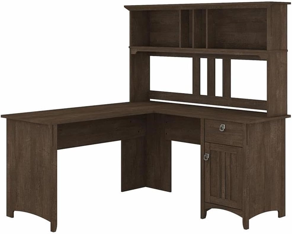 Pemberly Row 60W L Shaped Desk with Hutch, Ash Brown Finish, Engineered Wood, Corner Design, Storage Cabinet and Box Drawer, Mission Style Home Office Desk with Adjustable Hutch Shelving