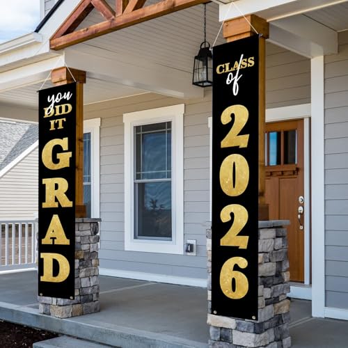2026 Graduation Banner Porch Sign – Class of 2026 You Did It Graduation Decorations | Congrats Grad Front Door or Yard Porch Signs Decor | Graduation Banners for Party Decorations (Black Gold)