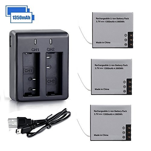 VVHOOY 1350mAh Rechargeable Action Camera Battery and Dual Charger Compatible with YI Discovery 4K Action Camera,Pack of 3