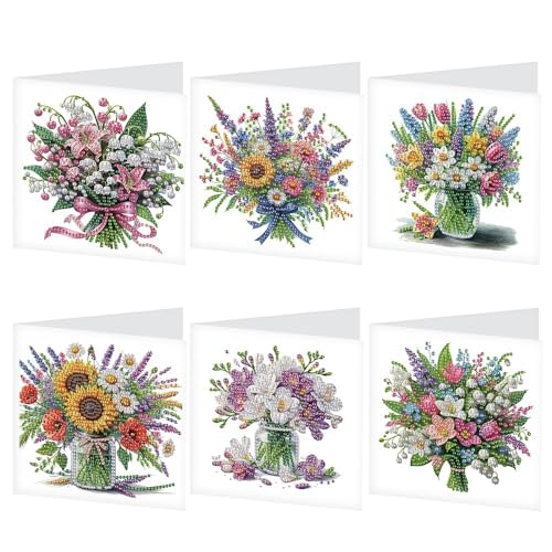 LazyFold 6Pcs DIY Diamond Art Painting Greeting Cards with Envelopes, Flower vase All Occasion Note Card Kit for Women, Handmade Thank You Birthday Friendship Cards Gift