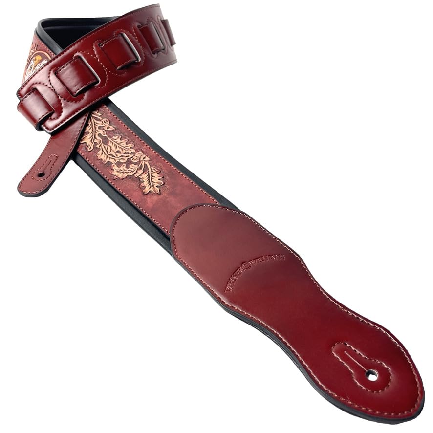 Walker & Williams KB-03-RB Mahogany Brown Full Grain Center Block Carved Leather Padded Guitar Strap With American Eagle & Oak Leaves For Acoustic,