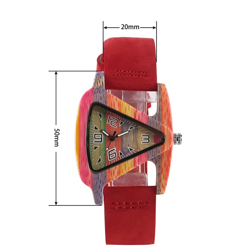 CAIDAI&YL Orologio in Legno Creativo Orologi da Donna Quadrante a Triangolo Cinturino in Pelle da Donna Orologio al Quarzo da Donna in Legno di bambù colorato, Cinturino in Pelle Rossa Leather
