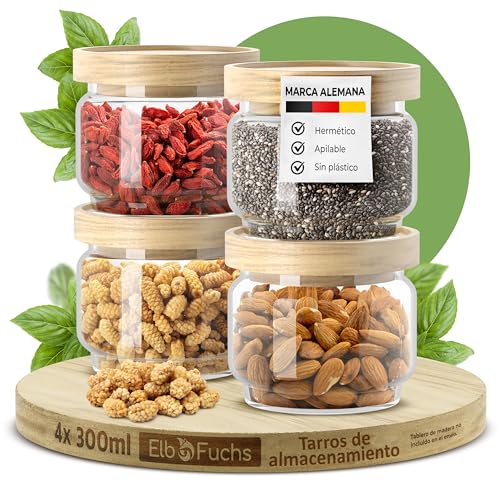 ElbFuchs® Juego de tarros de almacenamiento con tapa de 300 ml (4 piezas) de vidrio de borosilicato, tarros de almacenamiento herméticos, juego de recipientes de vidrio para especias y alimentos