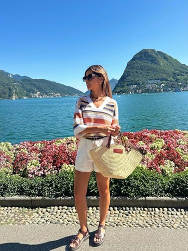 Image of Saodimallsu Womens Short Sleeve Sweaters V Neck Crochet Knit Striped Hollow Out Tops Beach Cruise Outfits