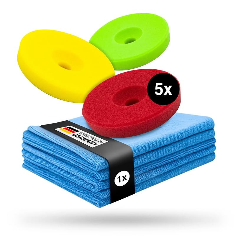 Liquid Elements Centriforce V2 Polierpads 125mm +Tuch, 3 Stärken á 5 Stück | Set, Heavy, Medium & Finish Cut, Polierschwamm, speziell entwickelte Fräsung, optimierte Ergebnisse, Auto Polieraufsatz