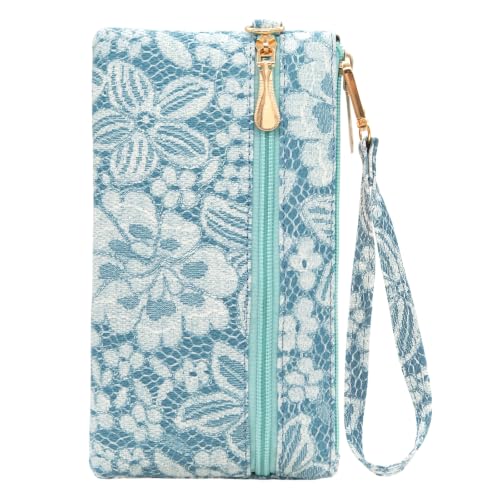 LJCZKA Leather Wristlet Wallet for Women Men Large Capacity Clutch Handbags Purses Long Cellphone Credit Card Holder Pocket Bag with Wrist Strap, Keychain (Blue-7)