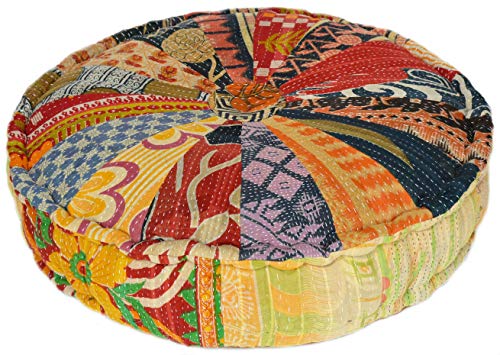 MARUDHARA RANGILA Stuffed Indian Vintage Kantha Pizza Patch Floor Cushion; Pouf Ottoman; Round