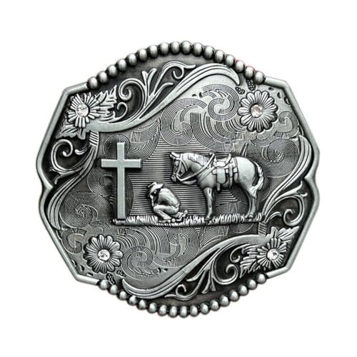 Vintage Style Western Cowboy Belt Buckle for Men & Women - Horse, Cross & Prayer