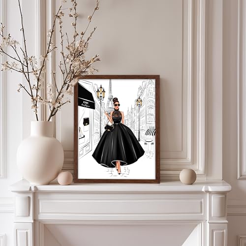 Image of Poster Master Lady in Black Print - Fashion Poster - Paris Designer Art - Modern Wall Design - Chic Gift for Women & Fashionista - Glam Decor for Bedroom or Girl's Room - 11x14 Brown Framed