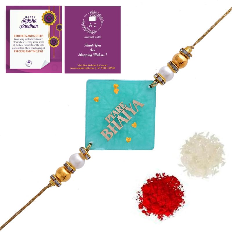 Handmade Resin Rakhi For Brother – Sea Green Design With Free Roli Chawal & Greeting Card, 20cm Length