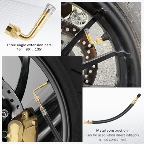 Image of Flexible Tire Valve Extenders 8.25 Inch Universal Valve Stem Extension Valve Adapter with Brass 45 90 135 Degree Valve Stem Extension Adaptor Tool for Bike Motorcycle Car Truck Motorhome Wheel