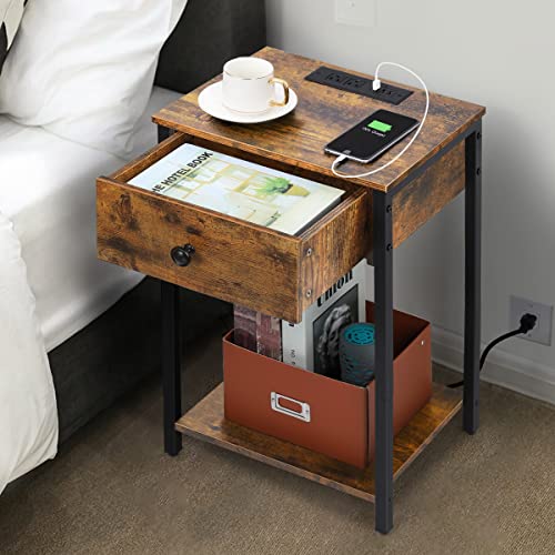 Nightstand With Charging Station And Usb Port Set Of 2, Bed Side Table/Night Stand With Drawer And Storage Shelf, 2 Tier End Table For Small Spaces, Side Tables For Bedroom, Living Room, Rustic Brown #TOP4
