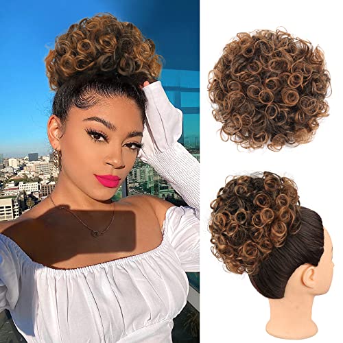 Matthia Large Curly Messy Bun Clips in Hair Extension Drawstring Ponytail for Black Women, Short Synthetic Highlights Brown Hair Bun Extensions Curly Messy Updo Hair Piece for Women Daily Use(1B/30#)