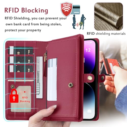MEGSHI for Wallet Case Compatible with iPhone 14 Pro Max,Multi-Function Detachable 2 in 1 Magnetic iPhone 14 Pro Max Case Wallet,Flip Strap Zipper Card Holder Phone Case with Shoulder Straps (Red) by MEGSHI - Used condition - Image 7