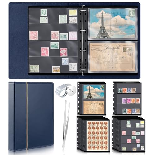 Lewtemi Stamp Collecting Albums Set Stamp Collection Book Include 20 Pages Album Binder Tweezer and Loop Magnifier Collecting Supplies for Collectors(Blue,1/2/3/4 Rows)