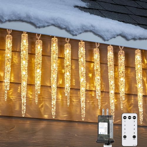 Brightown Icicle Lights Outdoor with Remote, 30ft 30 Tubes 150 LED Ice Shape String Lights, Connectable Christmas Hanging Decoration Lights for Tree Patio Roof Holiday Decor, Warm White