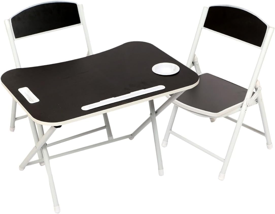 The Tickle Toe Kids Study Table and Chair Set | Foldable Desk Set for Toddlers (Age 2-5 Years) | 1 Table + 2 Chairs | Sturdy MDF & Metal Build | Portable, Compact & Lightweight | Made in India | Black