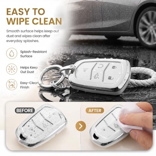 Image of Key Fob Cover for Cadillac, White Braided Loop, Silver Edge