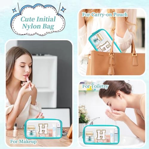 Mini Clear Personalized Initial Makeup Bag, Nylon Preppy A-Z Chenille Letter Patch Zipper Cosmetic Bag, Small Cute Pouch Travel Coin Purse Toiletry Bag, Small-Cyan, H - 4