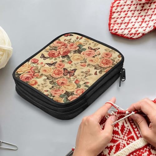 Image of Crochet Hook Case Vintage Flower Crochet Hook Holder Portable Crochet Hook Storage Bag with Web Pockets Suitable for Crochet Needles /Knitting Accessories