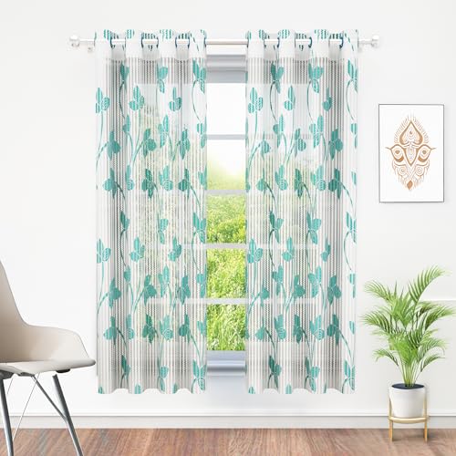 Image of Sheer Window Curtains Light Protection Curtains for Living Room 5 Feet |Leaf| Teal & White |Polyester, Pack of 10