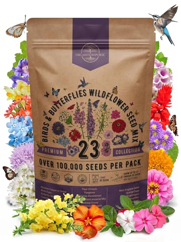 Organo Republic 23 Wildflower Seeds Annual & Perennial Mix for Indoor & Outdoors, Attract Birds & Butterflies 100,000+ Non-GMO, Heirloom Garden Seeds, 4oz Packet for Growing Wild Flowers