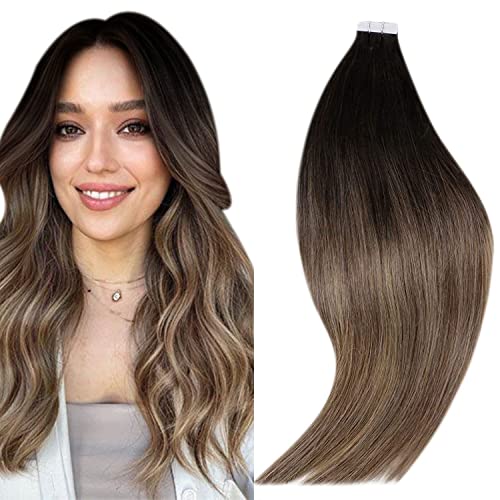 Ombre Tape Hair Extensions for Short Hair Remy Tape in Brown Rooted Mix Ash Blonde Hair Extnsions Seamless PU Tape in Real Hair 12 Inch 30g/20pcs