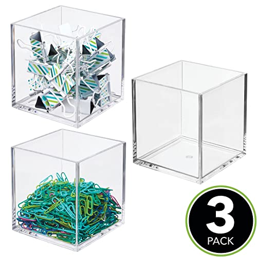 Mdesign Square Home Office Storage Organizer Container Bin For Cabinet, Drawers, Desk, Workspace - Holds Pens, Pencils, Highlighters, Notebooks - Prism Collection - 3 Pack - Clear #TOP1