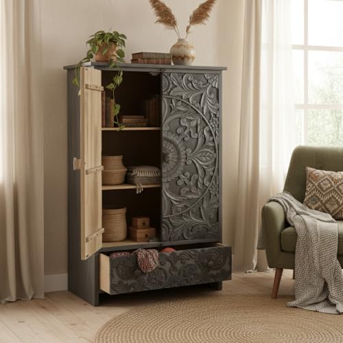 Image of APRODZ Wooden Wardrobe for Bedroom | Scolpito 2 Door Mango Wood Wardrobe with 1 Drawer | Space Saving Wardrobe for Storage, Clothes Cupboard & Wooden Almirah for Bedroom, Grey