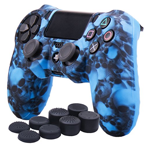 YoRHa Water Transfer Printing Skull Silicone Cover Skin Case for Sony PS4/slim/Pro Dualshock 4 Controller x 1(blue) With Pro thumb grips x 8