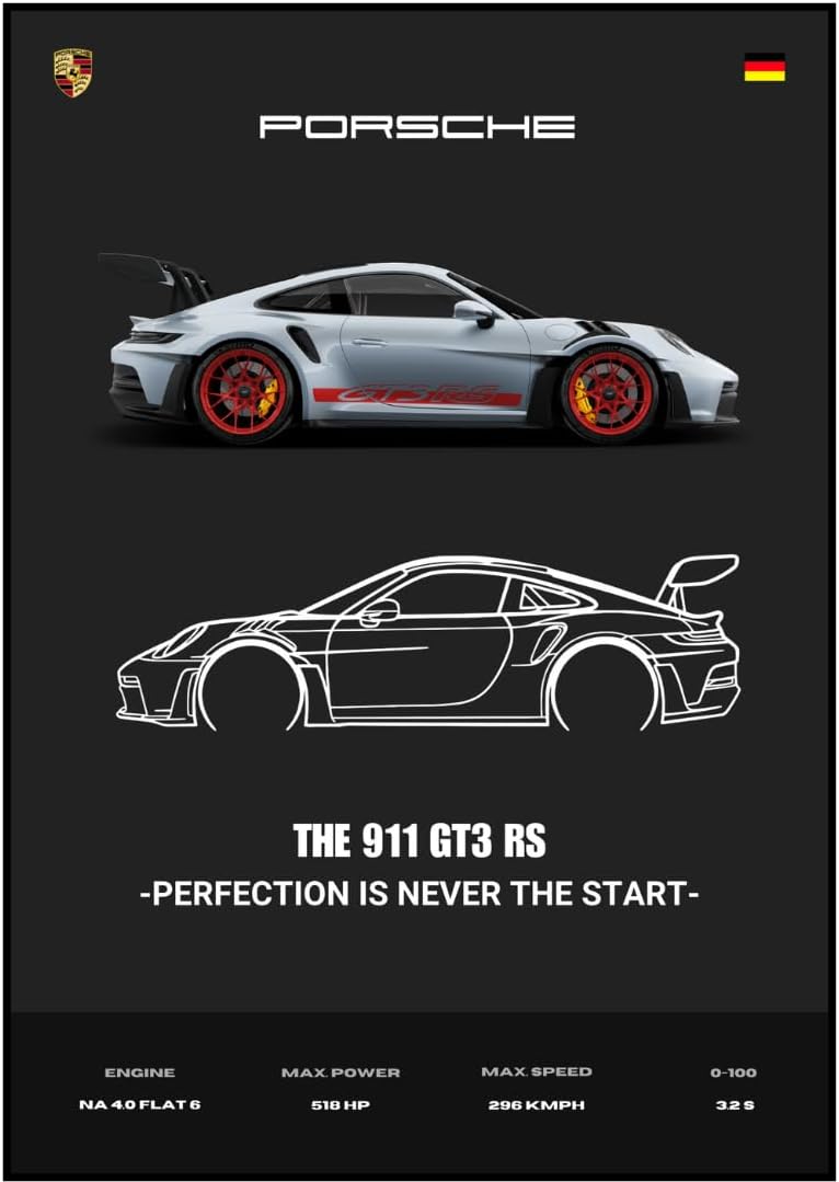 Funk You Store Porsche 911 GT3 RS Minimalist Super Car Poster A3 Size (42 x 30 cm) Unframed Matt Laminated for Home, Bedroom, Living Room Decoration (Dark)