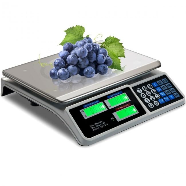 66lb Digital Retail Scale with Dual LCD Displays, 5g Accuracy, Stainless Steel Weighing Pan, 3 Power Modes, Lb-Kg Toggle, Tare, Auto-Stabilize, 8 Unit Price Storage, Durable Housing