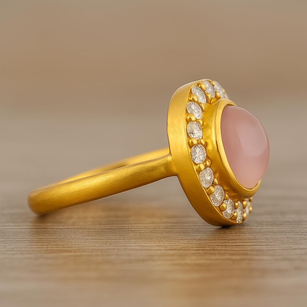 Cabochon Rose Quartz Halo Ring for Women 14K Yellow Gold Round Pink Stone Ring Vintage Halo Engagement Ring with CZ Diamonds Elegant Statement Jewelry Gift